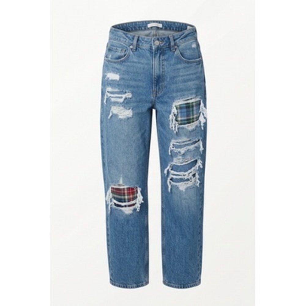 American Eagle Outfitters Jeans Women 12 Blue Mom High Rise Plaid Distressed